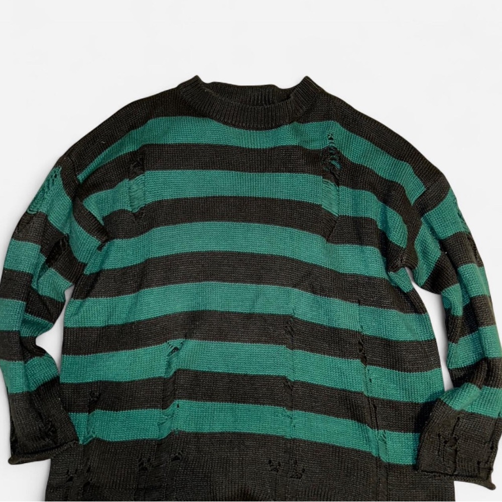Striped Ripped Green and Black Sweater